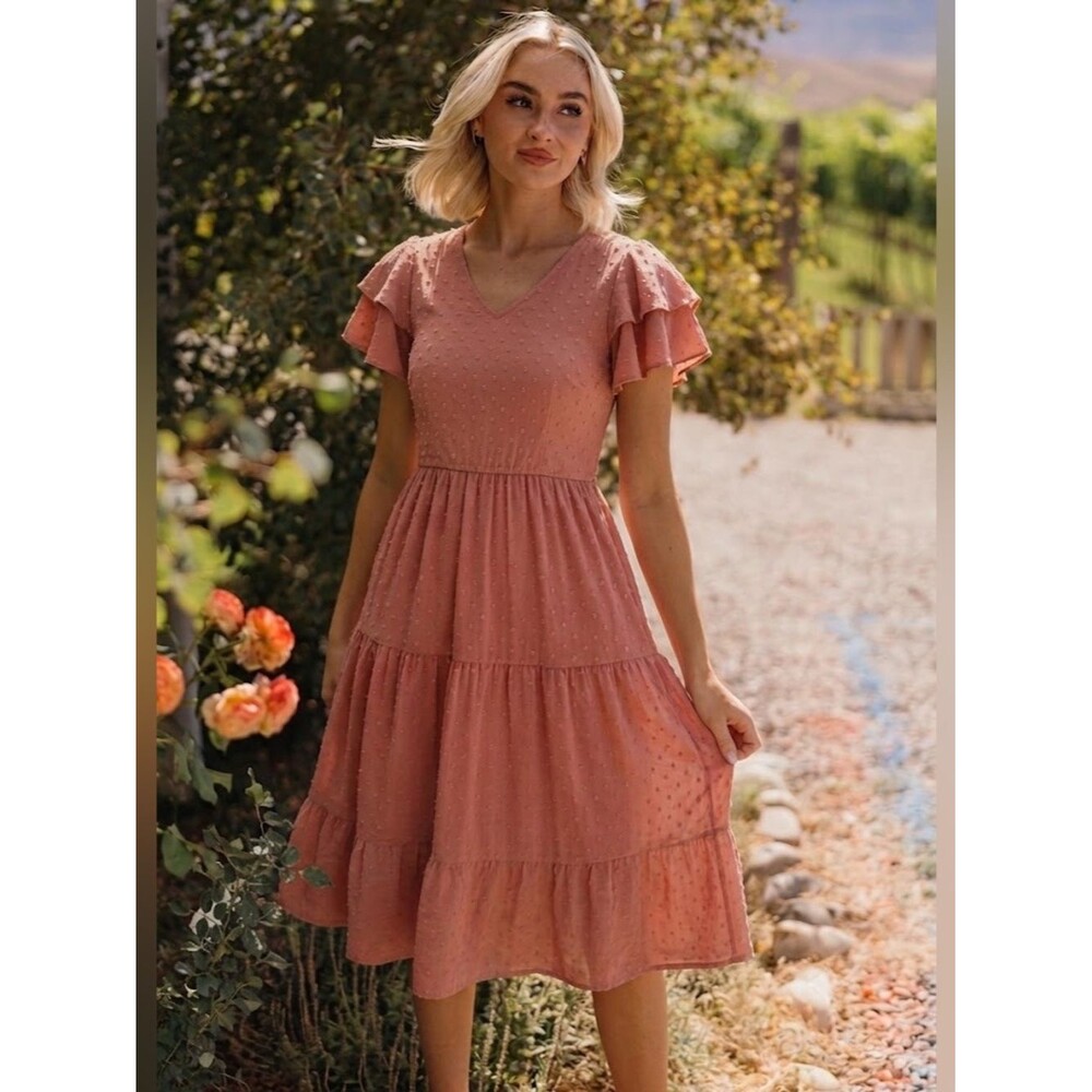 Mikarose Dusty Rose V-Neck Tiered Midi Dress Flutter Sleeves Sz XS Cottage Chic